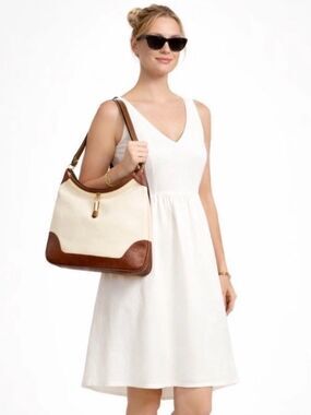 Cream Canvas Hobo Bag Brown Croc Trim Y2K Minimalist Shoulder Bag Large